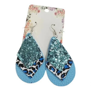3 Layer Blue Sparkle Animal Faux Leather Dangle Chic Lightweight Earrings  3bl12